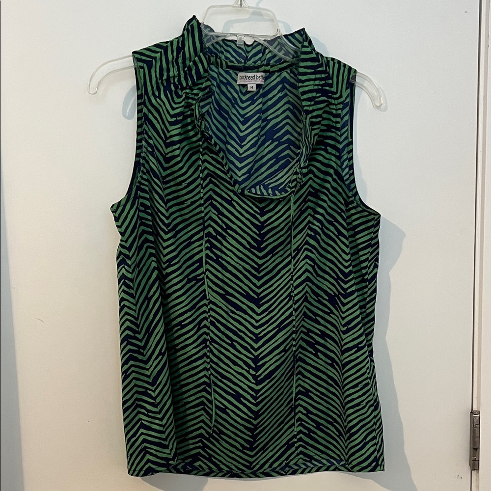 Ruffle Neck Green and Navy Blouse